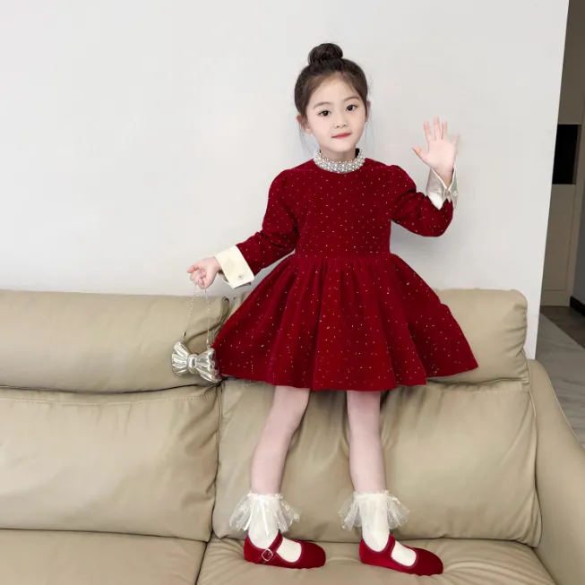 女童加绒红色闪闪丝绒珍珠领连衣裙2025冬新款女孩蓬蓬公主裙