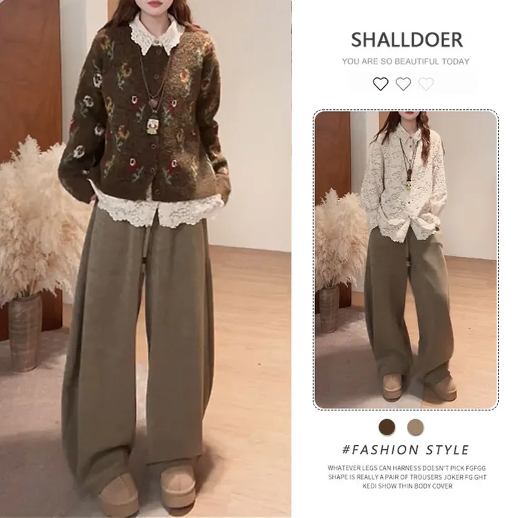 网红洋气炸街套装女2026年秋冬新款蕾丝长袖衬衫弯刀阔腿裤两件套