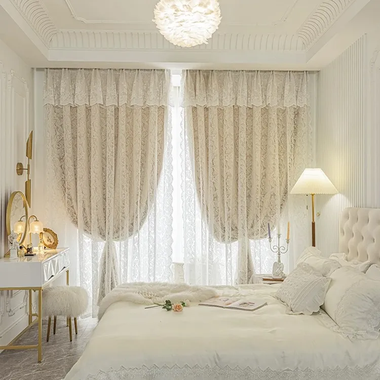 维多利亚飘窗帘轻奢复古法式奶油风双层蕾丝窗帘适合卧室客厅