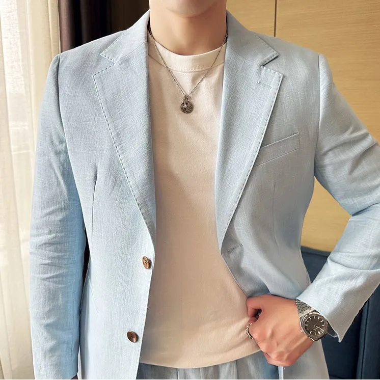 2025夏装薄款麻棉小西装男麻料商务休闲职业西服套装上班一套