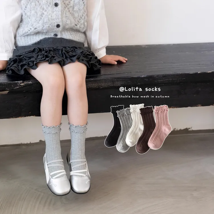 女童袜子春秋季棉袜无骨儿童中筒袜韩系甜美女宝宝木耳花边公主袜