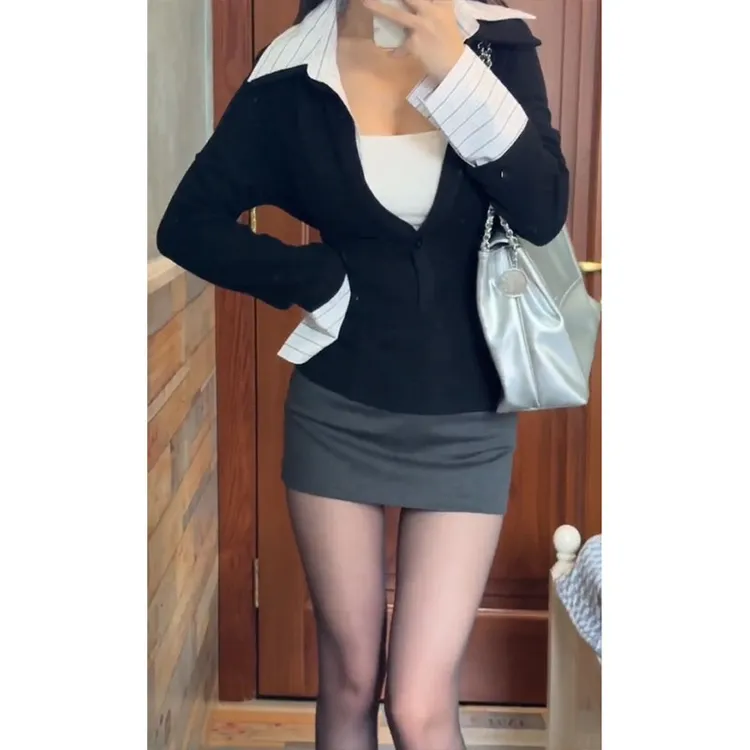 美式假两件拼接翻T恤女春夏新款气质高级设计感上衣配显瘦半身裙