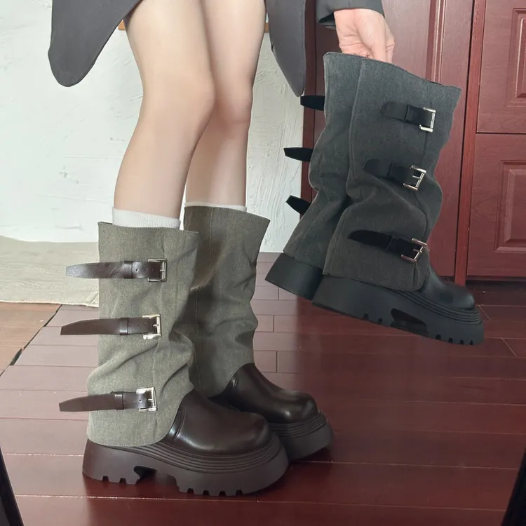 西部牛仔马丁靴女款2025新款秋季中筒靴子厚底裤管堆堆高筒骑士靴