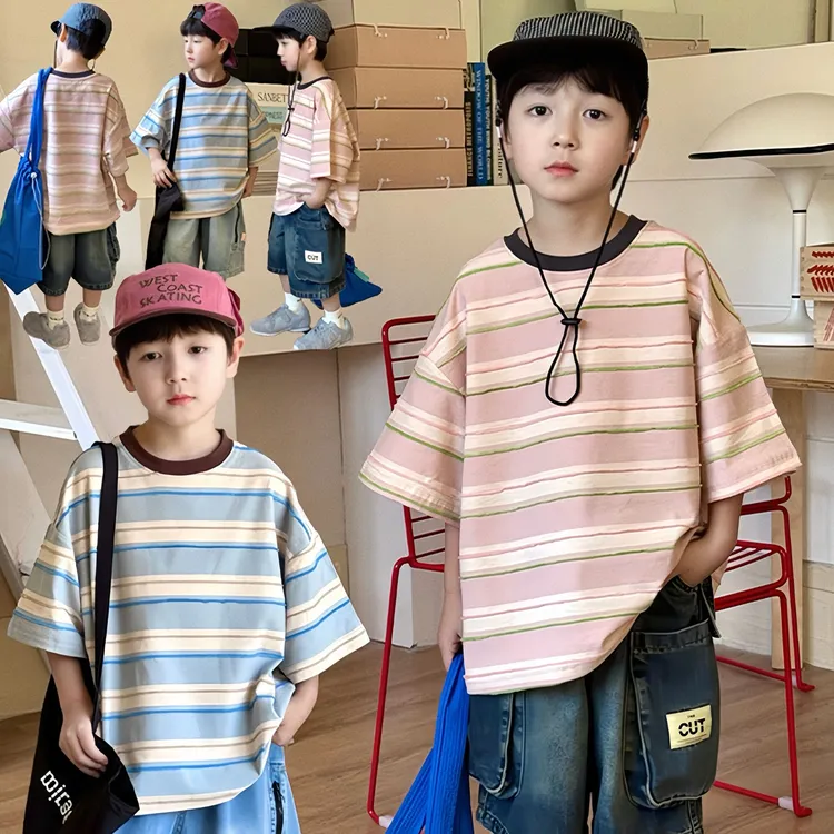 【亲子姐弟款】夏季男女童条纹短袖宽松韩版时尚休闲ins学生百搭