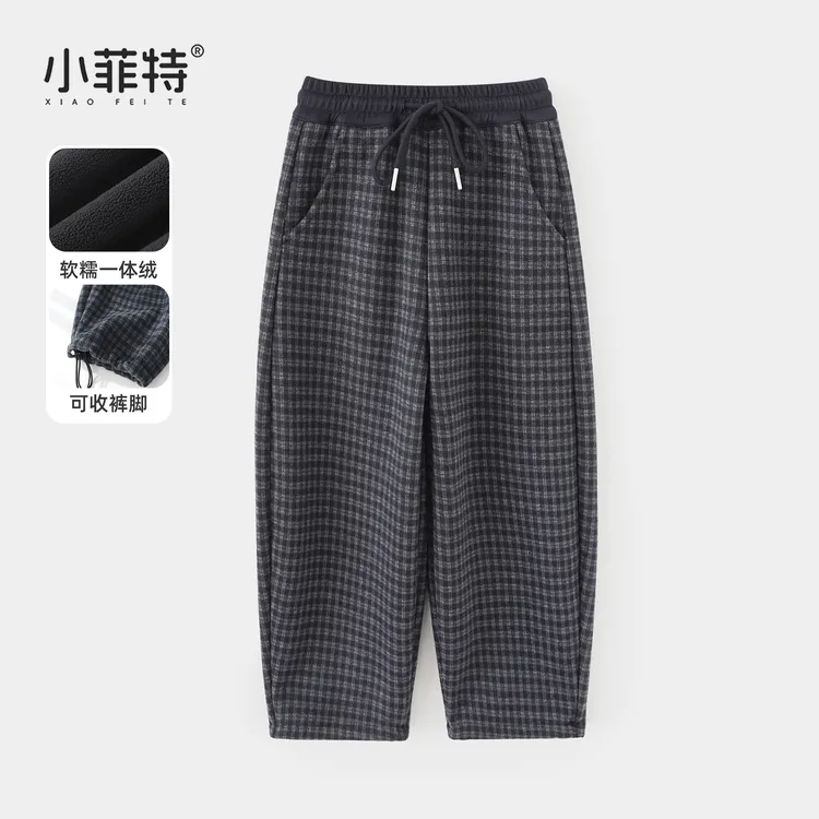 小菲特女童冬装加绒裤子中大童保暖长裤儿童加厚格子裤HNKD57802