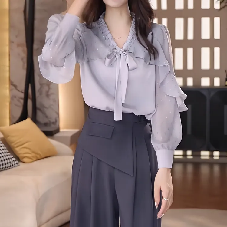 高级感时尚洋气系带显瘦衬衫女2025秋季新款宽松休闲百搭遮肉上衣