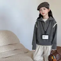 【Maila童装】女童韩系撞色灰色套头针织毛衣春秋洋气半拉链针织衫