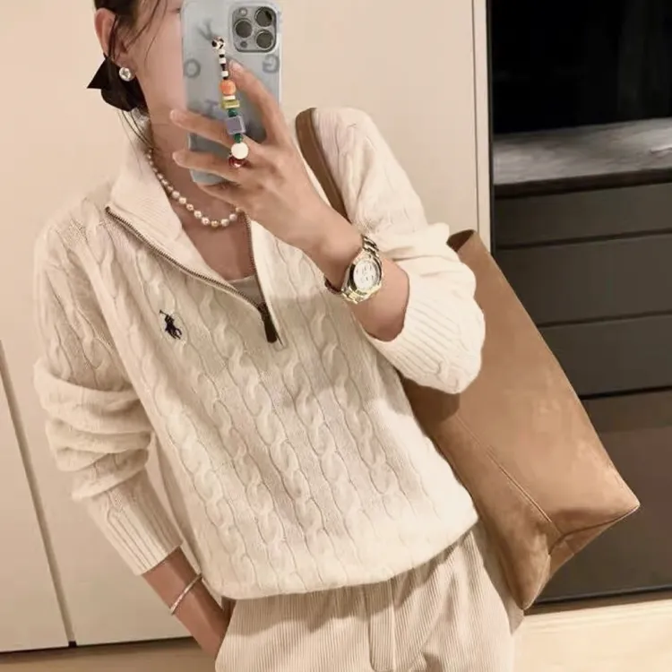 麻花刺绣拉链翻领毛衣女秋季外穿软糯高级感立领针织衫慵懒风上衣