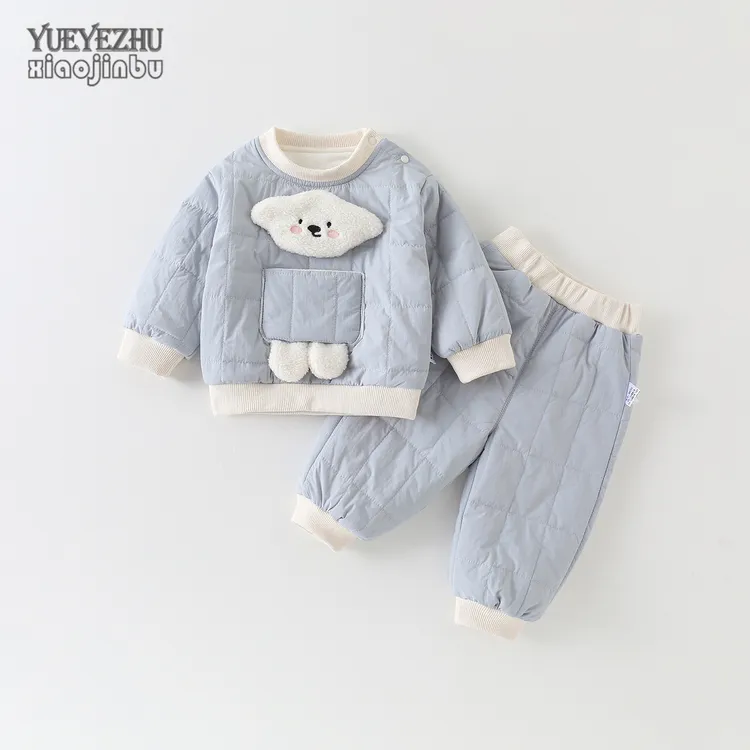 婴儿绗棉衣服秋冬加绒套装男宝宝韩版卡通分体两件套初冬保暖薄棉