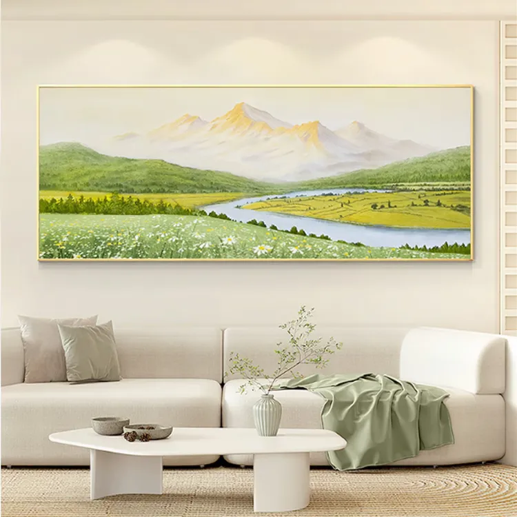 纯手绘油画日照金山现代简约风景三联挂画客厅沙发背景肌理装饰画