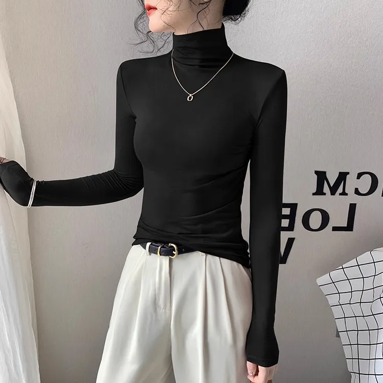 莫代尔高领打底衫女秋冬季新款内搭高级感堆堆领修身长袖上衣百搭