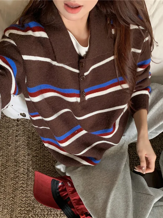 秋冬时髦条纹Polo翻领针织衫女宽松纽扣撞色毛衣ins百搭减龄上衣