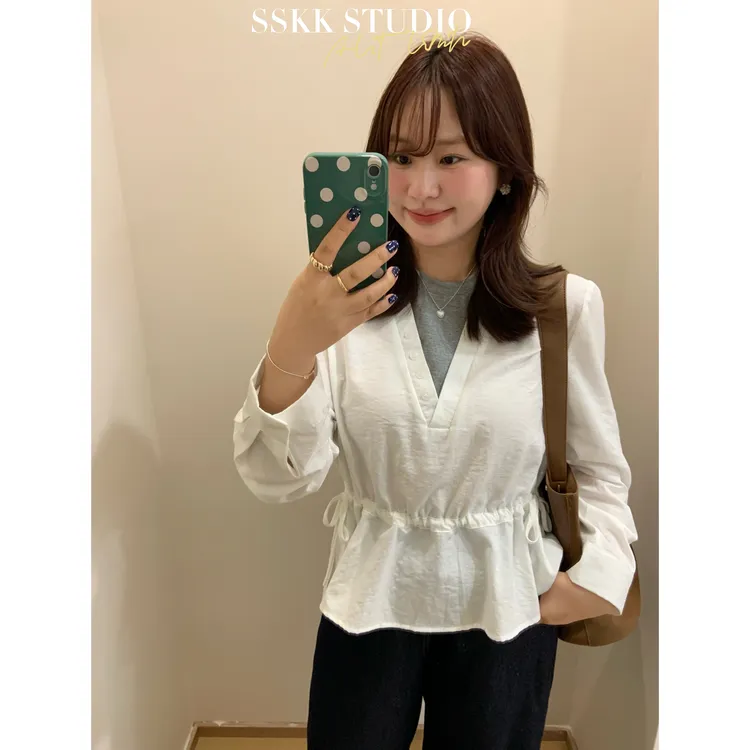 KMZY/KMZY山_山【柏林秋日】微胖早秋韩系简约抽绳收腰假两件衬衫女