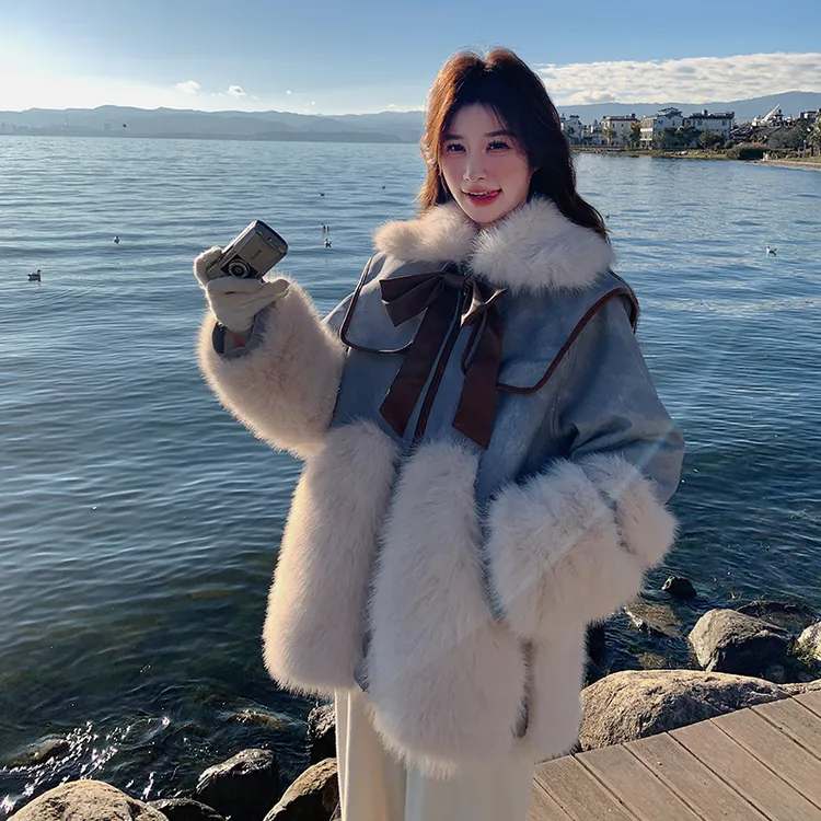 毛毛拼接小众派克棉服女冬季2025新款爆款加绒韩系皮毛一体厚外套