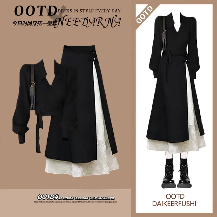 秋冬法式复古套装女2025新款高级感气质减龄上衣蕾丝半身裙两件套