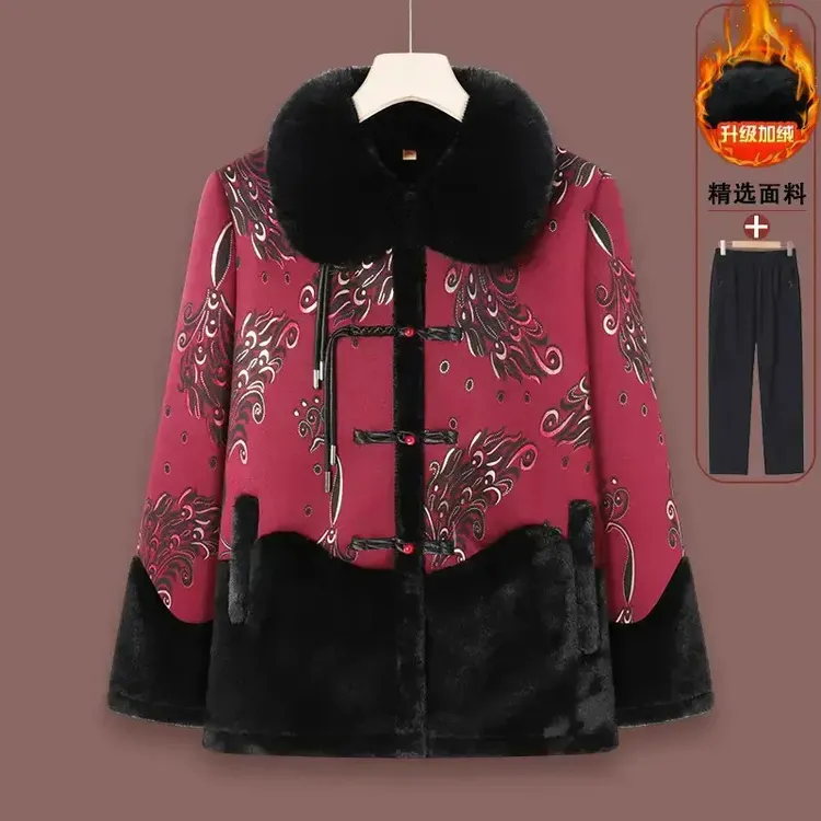 洋气妈妈冬装新中式国风中老年女装奶奶冬季仿皮草大衣加绒厚外套