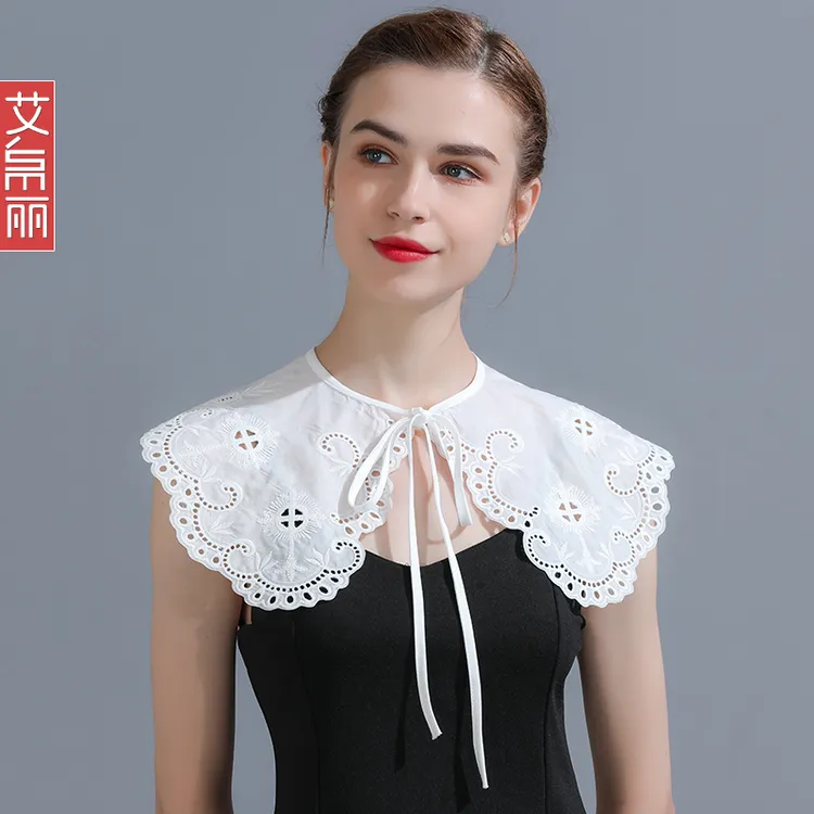 蕾丝棉小披肩女斗篷夏季白色多功能防晒配裙子蝴蝶结绑带假领子