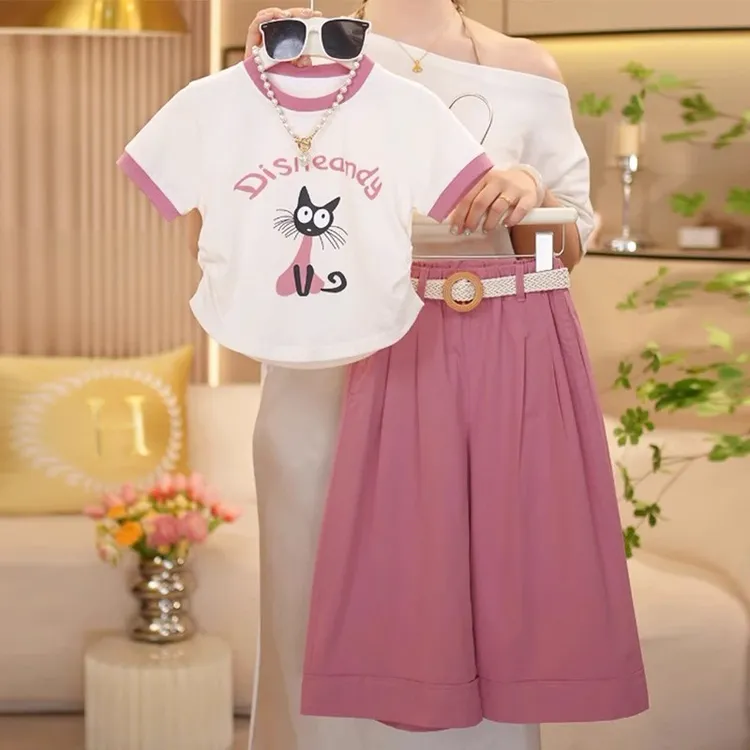 女童套装夏季2025新款儿童洋气短袖T恤夏装女孩薄款阔腿裤两件套