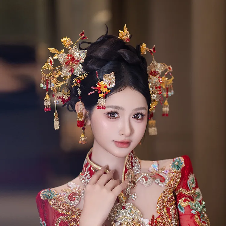 合金婚庆饰品 中式婚礼新娘金红色纯手工汉服秀禾服重工头饰D0670