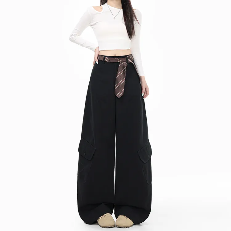 拉夏贝尔黑色工装休闲弯刀裤女早秋慵懒美式松弛感百搭宽松阔腿裤