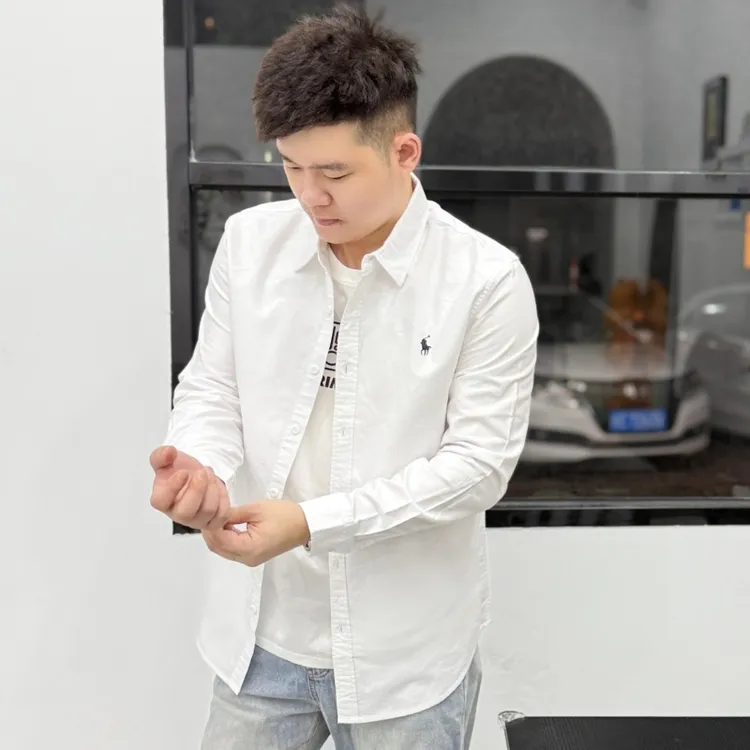纯色长袖纽扣男士刺绣常规款衬衫常规户外休闲透气衬衣秋冬时尚男