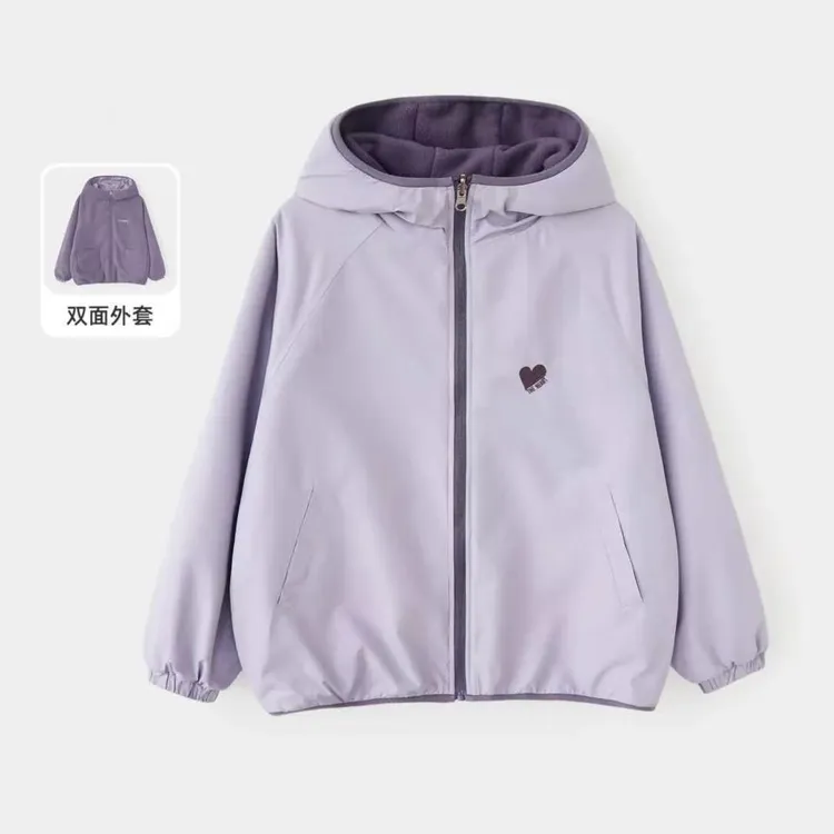女童秋冬季两面穿外套2025新款儿童时尚拉链衫加绒保暖连帽风衣