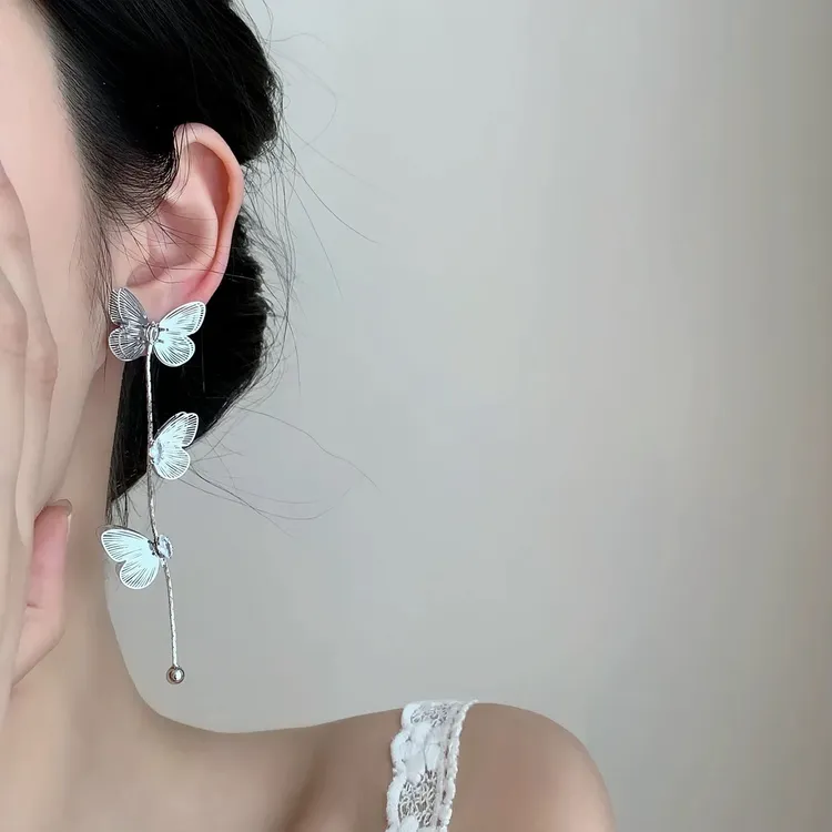 合金耳饰 超仙复古银色蝴蝶流苏长款耳环小众高级耳钉耳饰