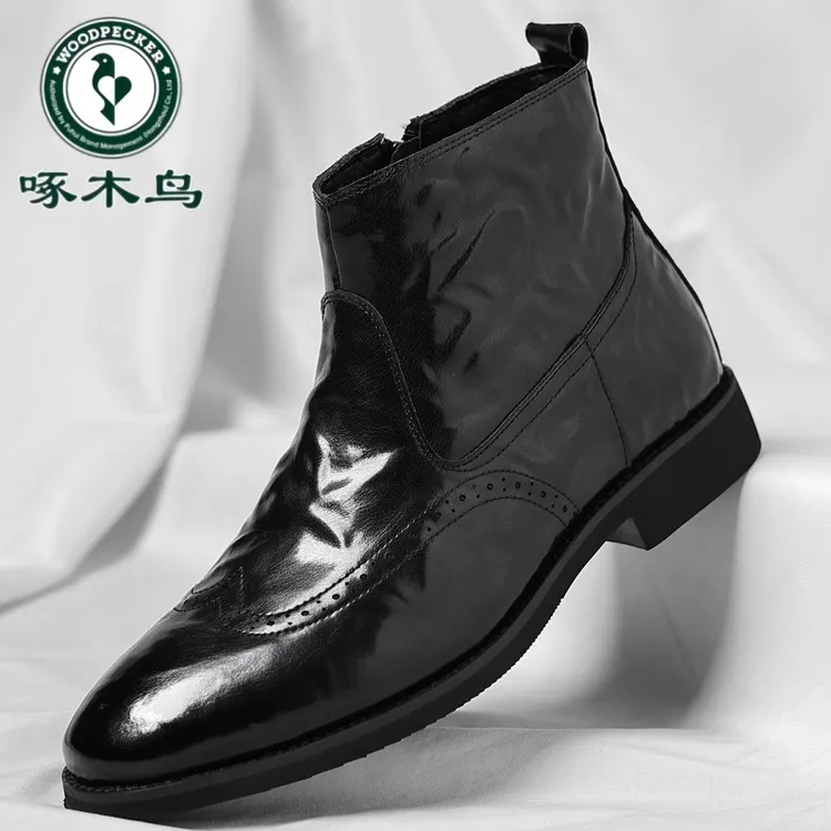 啄木鸟切尔西靴男士秋冬加绒英伦时尚马丁靴商务正装雕花高帮皮鞋