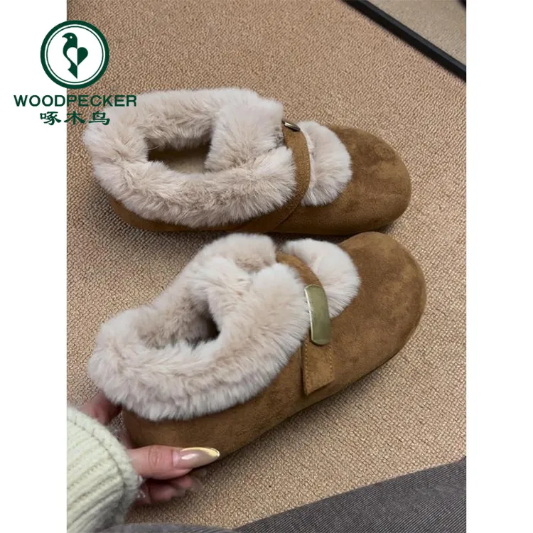 啄木鸟厚底内增高勃肯鞋女款2025冬季新款加绒保暖雪地棉鞋毛毛鞋