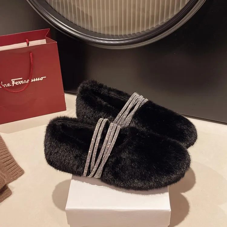 毛毛外穿棉鞋简约新款水钻秋冬浅口复古风2025时尚玛丽珍鞋女一字