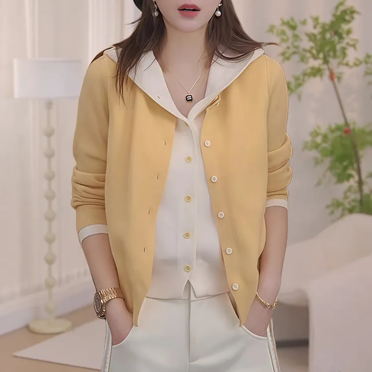韩版连帽假两件针织衫女早秋新款外套秋冬毛衣开衫显瘦长袖女上衣