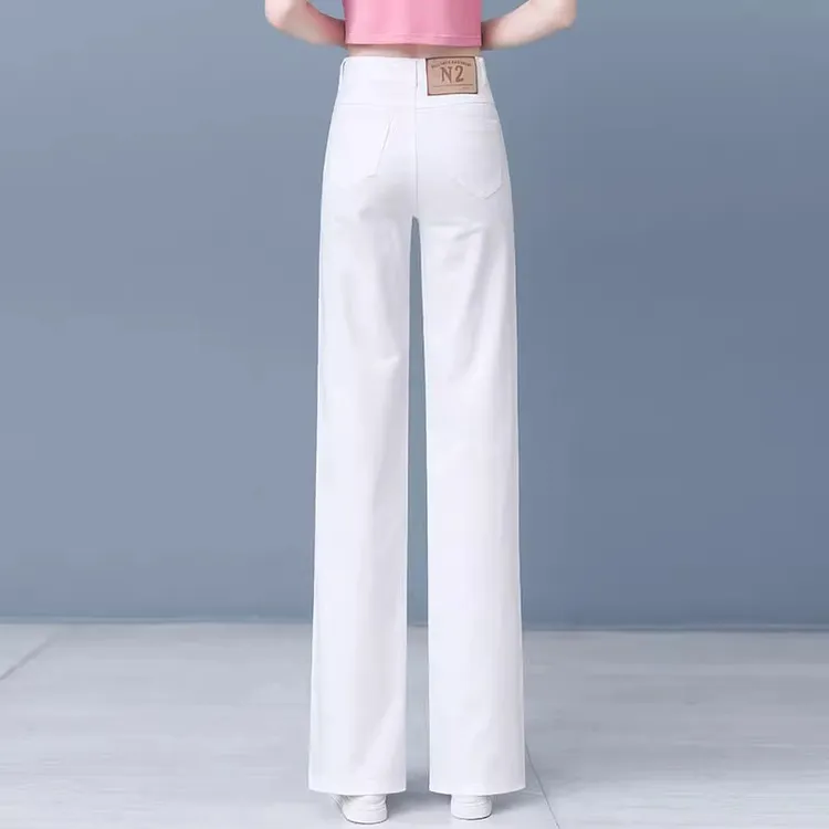 拉夏贝尔爆款窄版直筒裤子女2025夏季新款休闲白色阔腿牛仔裤薄款