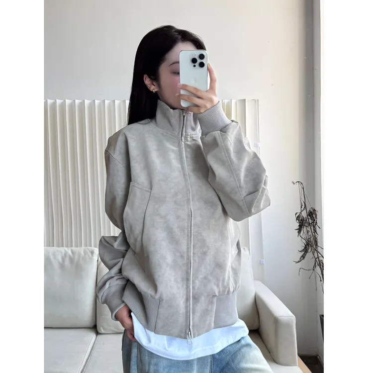 cleanfit美式复古硬汉男款加绒立领理石纹夹克设计感飞行员皮衣