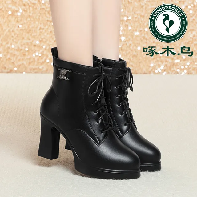 啄木鸟新款高跟短靴秋冬防水台马丁靴软皮瘦瘦靴中年女士保暖皮靴
