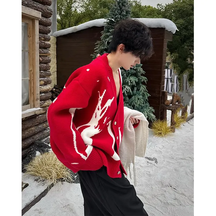 红色本命年圣诞毛衣男冬季慵懒高级感V领针织开衫外套情侣毛线衣