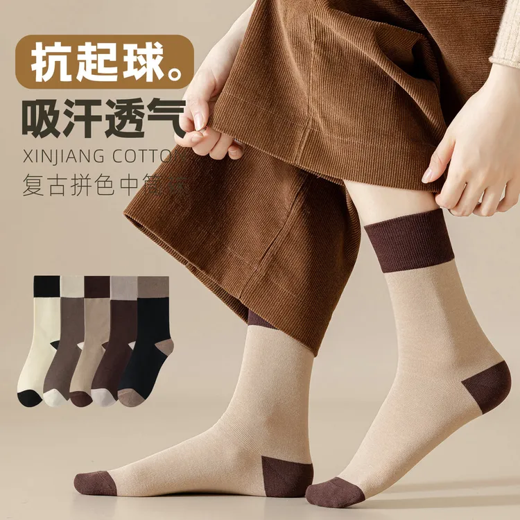 复古简约袜子女拼色秋冬中筒袜新款新疆棉无骨休闲运动袜时尚棉袜