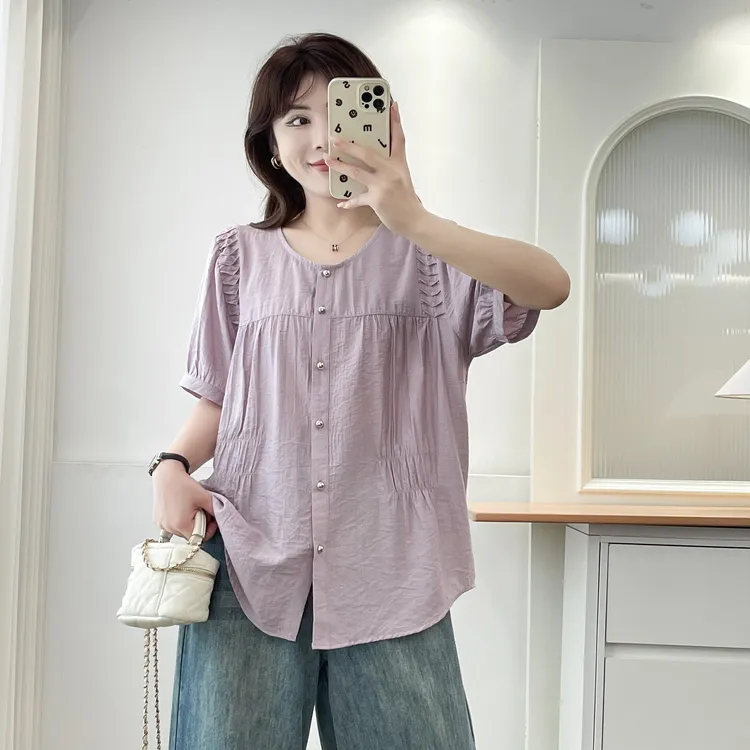 大码女装收腰显瘦正肩短袖洋气小衫夏季宽松薄款遮肚子衬衫上衣女
