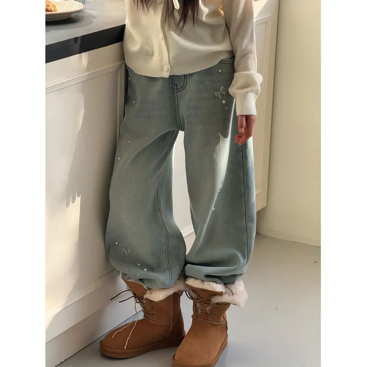 K30436蝴蝶结烫钻女童秋冬装牛仔裤2025新款儿童加绒加厚直筒裤子