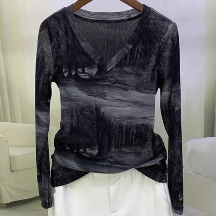 【长袖/短袖】洋气减龄v领扎染网纱女修身显 瘦上衣高档欧货A2146