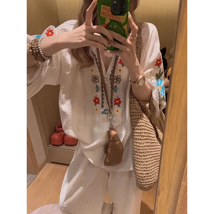 2025夏季新款波西米亚风重工刺绣衬衫上衣搭配阔腿裤显瘦两件套女