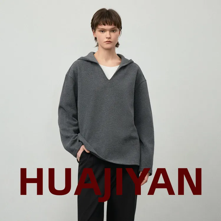 华吉言/HUAJIYAN【半岛】灰白拼接假两件落肩显瘦连帽卫衣