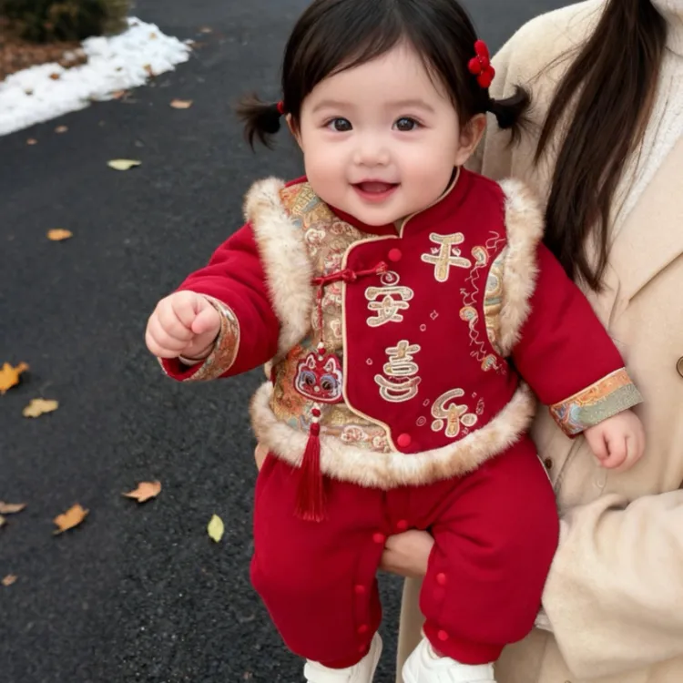 婴儿连体衣服冬季宝宝哈衣周岁礼服拜年服过年红色喜庆加厚外出服