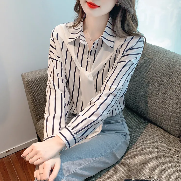 假两件条纹衬衫女秋季长袖雪纺上衣2025年春新款披肩衬衣