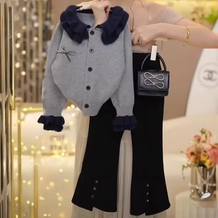 女童秋装套装2025新款韩版洋气针织毛衣开衫中大童喇叭裤两件套潮