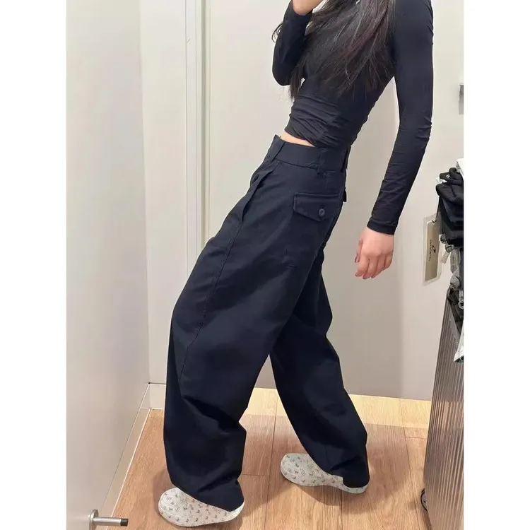 早春新款藏青色宽松休闲裤工装裤小众弯刀