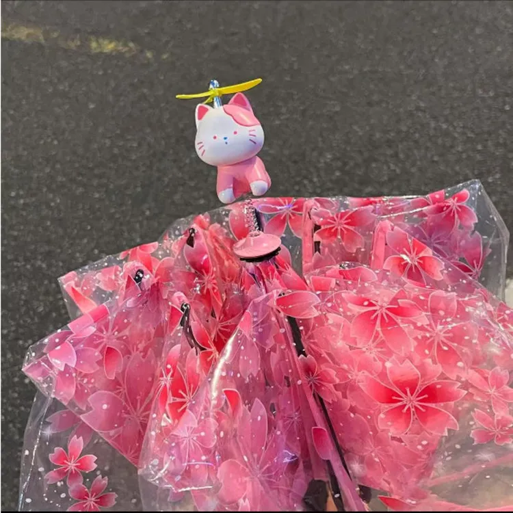 樱花小猫立体伞帽透明伞三折叠手动自动pvc雨伞竹蜻蜓弹簧小猫伞