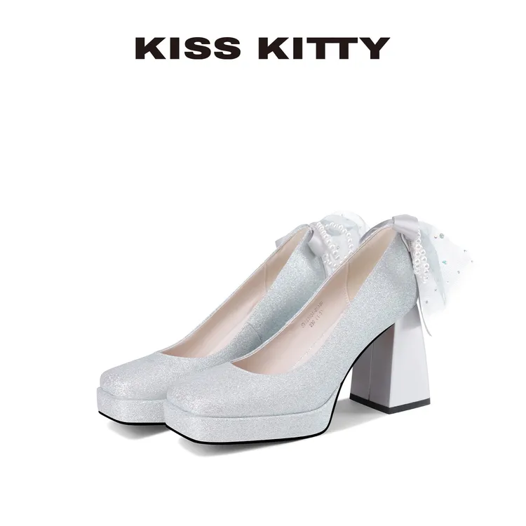 Kiss Kitty银光闪闪高跟鞋婚鞋25年秋季粗高跟舒适不累脚时装鞋