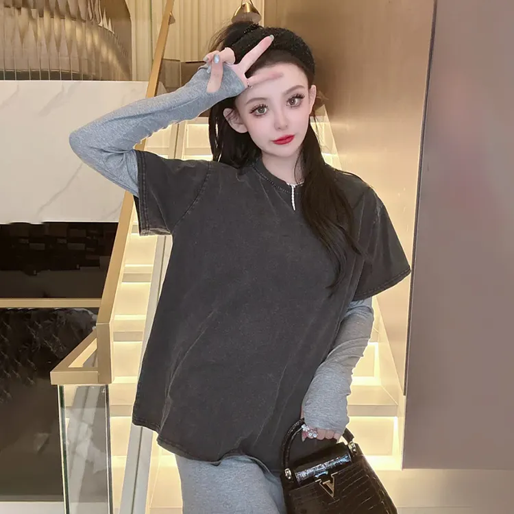 真两件水洗做旧叠穿长袖T恤女2025早春新款百搭洋气设计感打底衫