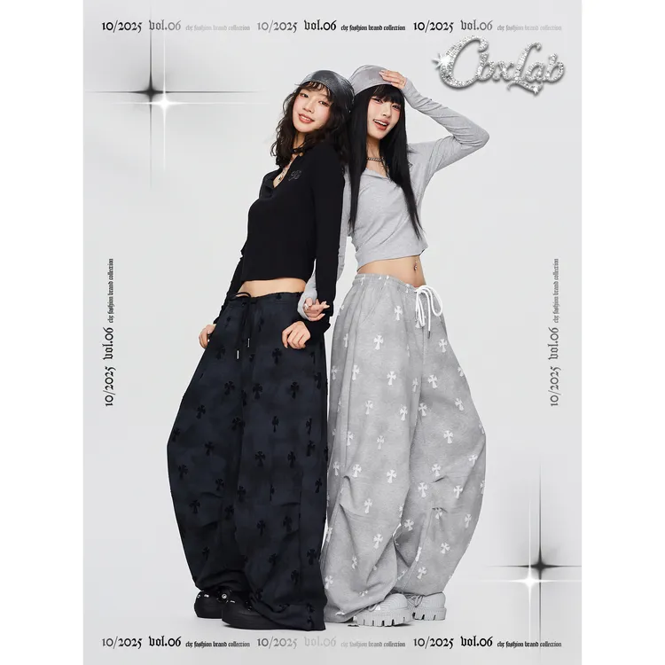 【达人专属】CBXLAB街舞潮牌末日废土十字架长裤时尚宽松印花街头美