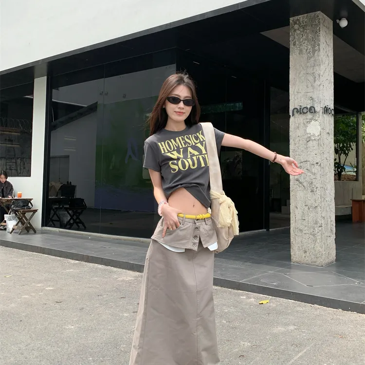 【质量贼好】美式重工百搭INS高腰工装半身裙正肩印花短袖T+半裙